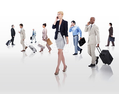 Buy stock photo Business, phone and people in white background, walking and professional with luggage for work. Employees, men and women rushing to trip for job, connecting and communicating with mobile and call