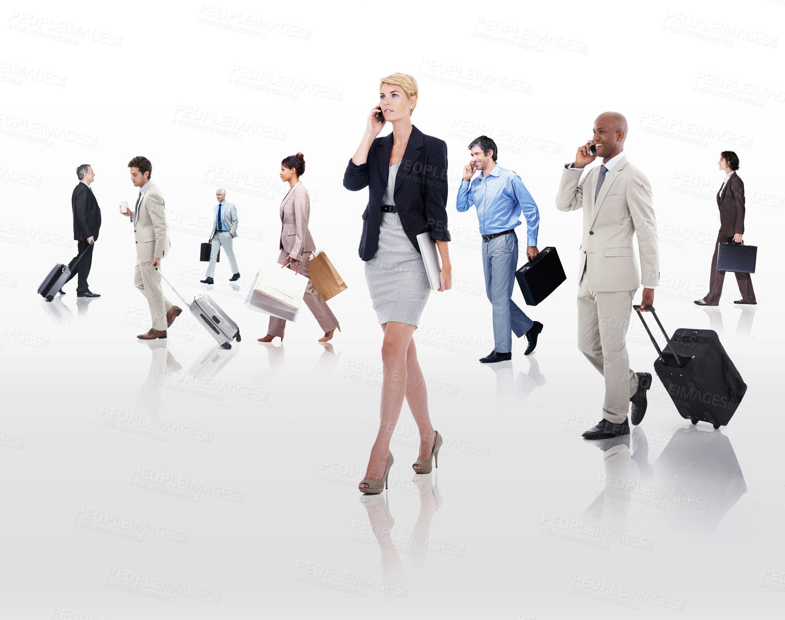 Buy stock photo Business, phone and people in white background, walking and professional with luggage for work. Employees, men and women rushing to trip for job, connecting and communicating with mobile and call