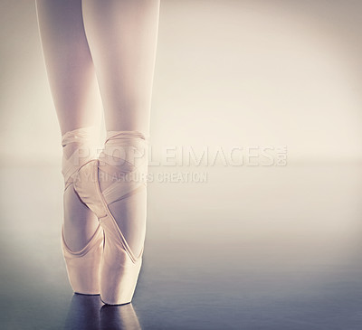 Buy stock photo Feet, ballet and woman ballerina in studio with balance, fitness and performance training on space and mockup. Shoes, dance and classical art by female dancer practice for theater or stage rehearsal