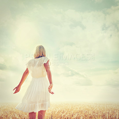 Buy stock photo Woman, relax and freedom in nature for sunshine, holiday or outdoor vacation on summer break. Rear view of female person or blonde for fun, grass or natural environment in countryside on mockup space