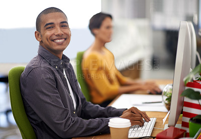 Buy stock photo Portrait, smile and computer for happy employee, office and typing at desk in workspace. Technology, keyboard and businessman or journalist person, writing and working for company project online