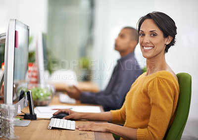 Buy stock photo Woman or interior designer, portrait and laptop in office to search for creative work online and digital designing or planning. Female person, happy and tech for internet for project or creativity.
