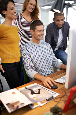 Buy stock photo Business people, computer and collaboration on magazine project in office, smile and teamwork. Colleagues, creative agency and internet for planning, designers and website for research on ideas