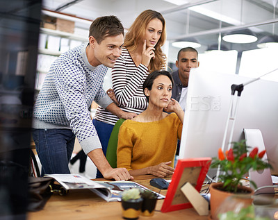 Buy stock photo Teamwork, computer and collaboration in design company for creative project, planning or idea in workplace. Employees, technology and diverse group of people for discussion, feedback or strategy