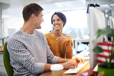 Buy stock photo Computer, discussion and businessman with woman in office of startup company with creative career. Conversation, technology and team of graphic designers working on project with desktop in workplace.