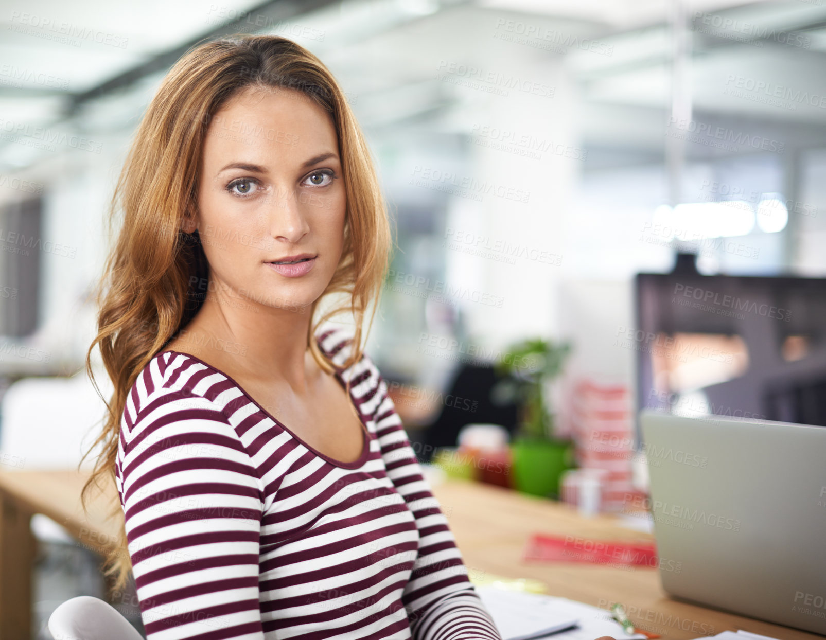 Buy stock photo Portrait, serious and business woman at office in startup company for creative career or job at table. Face, confident person or professional entrepreneur at desk, employee or copywriter in Australia