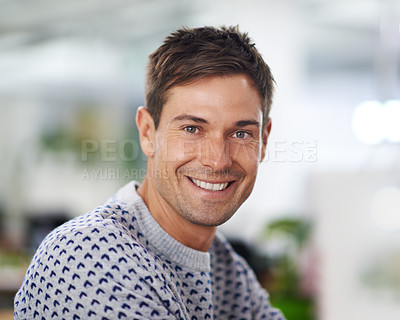 Buy stock photo Portrait, smile and business man in office, startup or company for creative job in workplace. Face, happy person or professional entrepreneur, employee and designer working on career in Australia