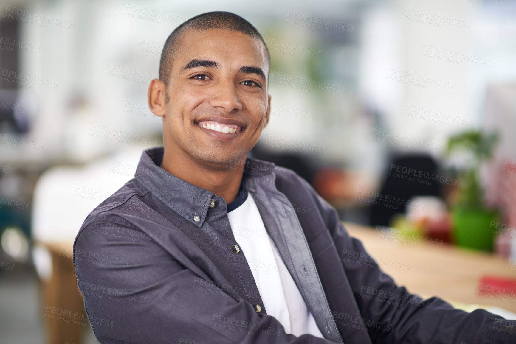 Buy stock photo Portrait, office and designer with business, man and smile with ambitious worker and entrepreneur with a startup enterprise. Face,  male person and employee with consultant for a creative project