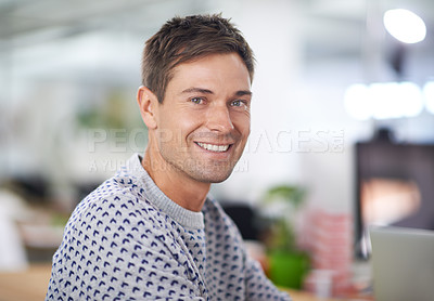 Buy stock photo Portrait, happy and business man in office, startup or company for creative job in workplace. Face, person or smile of professional entrepreneur, employee or designer working on career in Australia