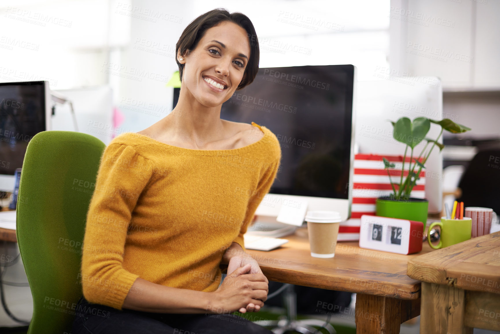 Buy stock photo Portrait, smile and business woman in startup, office or company for creative job on chair in workplace. Face, happy professional and entrepreneur, employee and editor working on career in Brazil