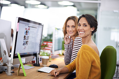 Buy stock photo Computer, portrait and smile of business women in office at table in startup company for creative career. Face, coworking and happy team together, entrepreneur or professional web designer at desk