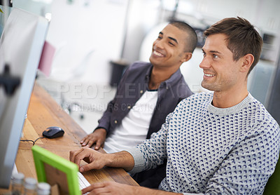 Buy stock photo Business men, computer and partnership for collaboration in office, smile and teamwork. Colleagues, creative agency and internet for planning, consultants and website for online research on ideas