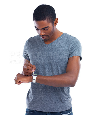 Buy stock photo Pen, black man or screen on smart watch technology or planning for schedule isolated on white background, Studio, arm or African person on gadget or network for futuristic application or notification