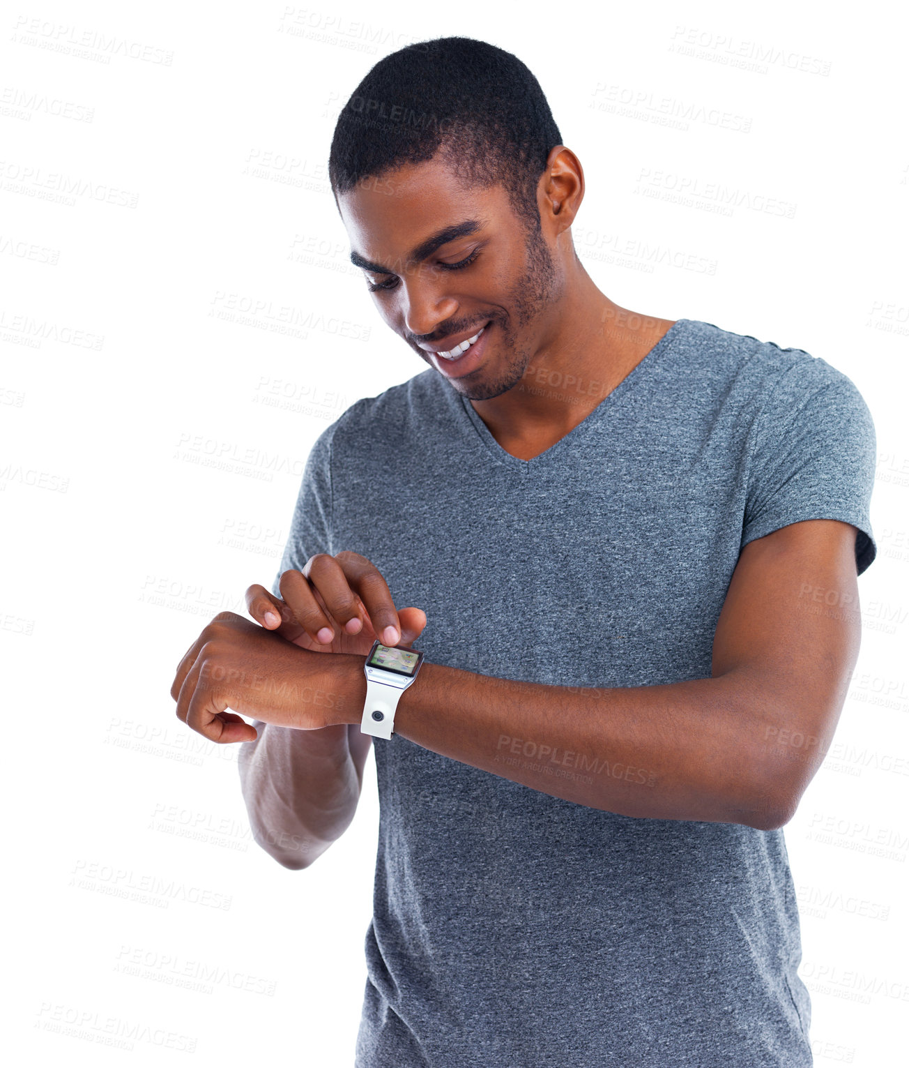 Buy stock photo Cropped view of a young man wearing a smartwatch with a digital interface