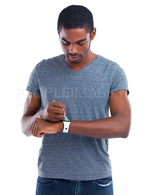 Buy stock photo Touchscreen, black man or pen for smart watch technology or planning schedule isolated on white background, Studio, arm gadget or African person on network for futuristic application or notification