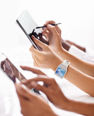 Buy stock photo A row of hands using digital devices