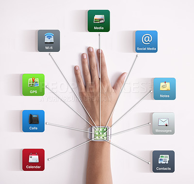 Buy stock photo Closeup studio shot of a woman's arm wearing a smartwatch surrounded by application icons - All screen content is designed by us and not copyrighted by others