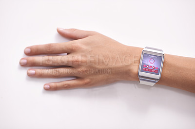 Buy stock photo Health, hand or screen on smart watch technology to monitor body in studio on white background, Person, arm closeup or menu display on gadget for futuristic wellness app or heart rate notification 