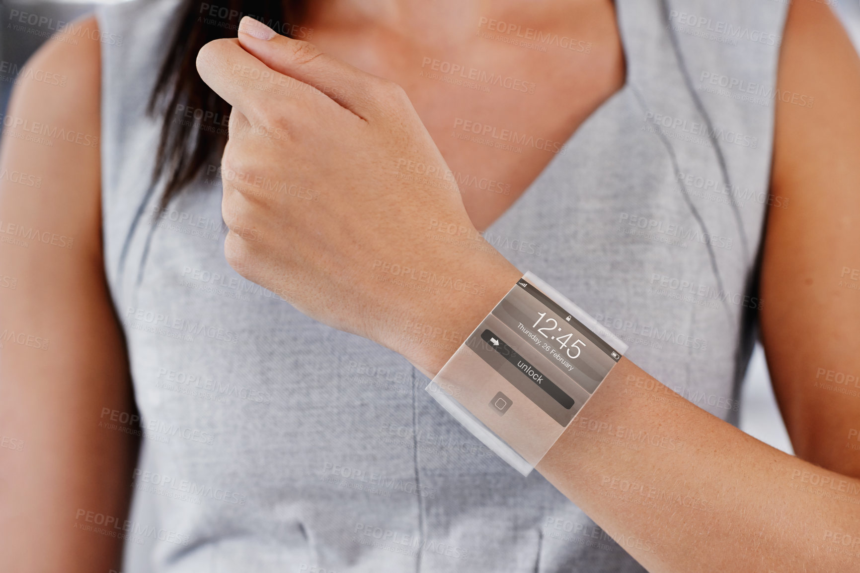 Buy stock photo Closeup studio shot of a businesswoman's arm wearing a smartwatch - All screen content is designed by us and not copyrighted by others
