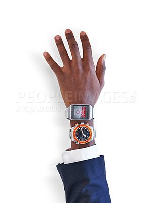 Buy stock photo Hand, analog or businessman with smart watch for time technology or device on white background in studio. Closeup, two options or entrepreneur screen display on gadget for futuristic app or choice
