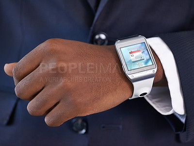 Buy stock photo Businessman, hand and smart watch on wrist for digital agenda, online schedule and high tech for job. Black man, arm and suit with future technology for network, screen and check time at work