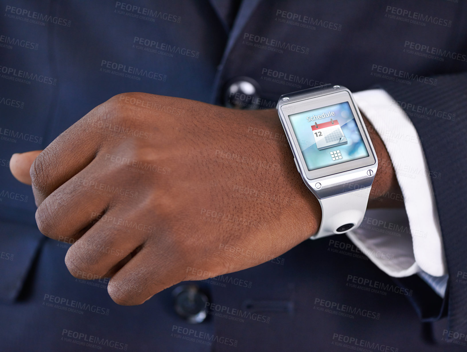 Buy stock photo Businessman, hand and smart watch on wrist for digital agenda, online schedule and high tech for job. Black man, arm and suit with future technology for network, screen and check time at work
