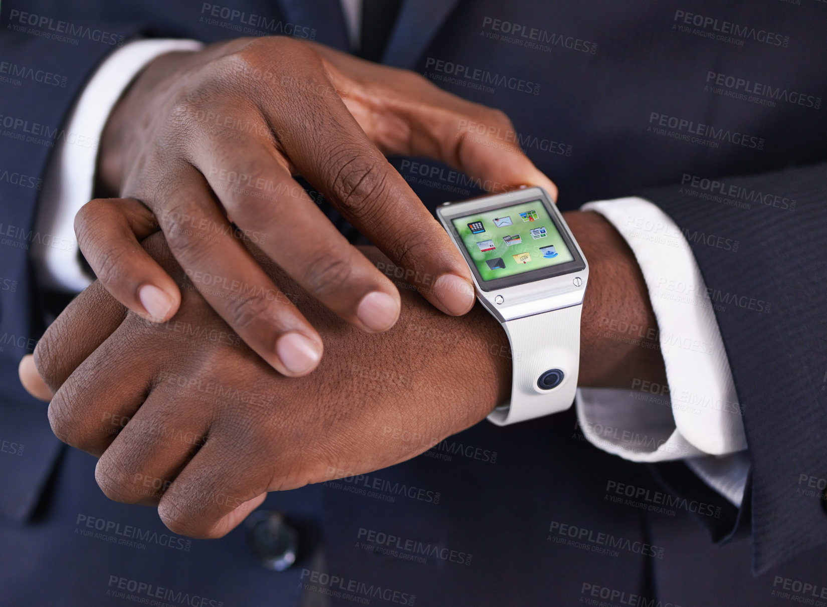 Buy stock photo Cropped view of a young businessman wearing a smartwatch - All screen content is designed by us and not copyrighted by others