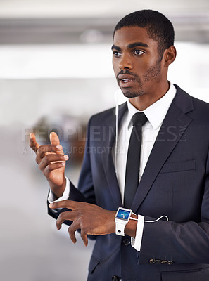 Buy stock photo Phone call, earphones or businessman with smart watch for technology, time or device for schedule. Talking, thinking or black man networking on gadget for travel with app, podcast or notification