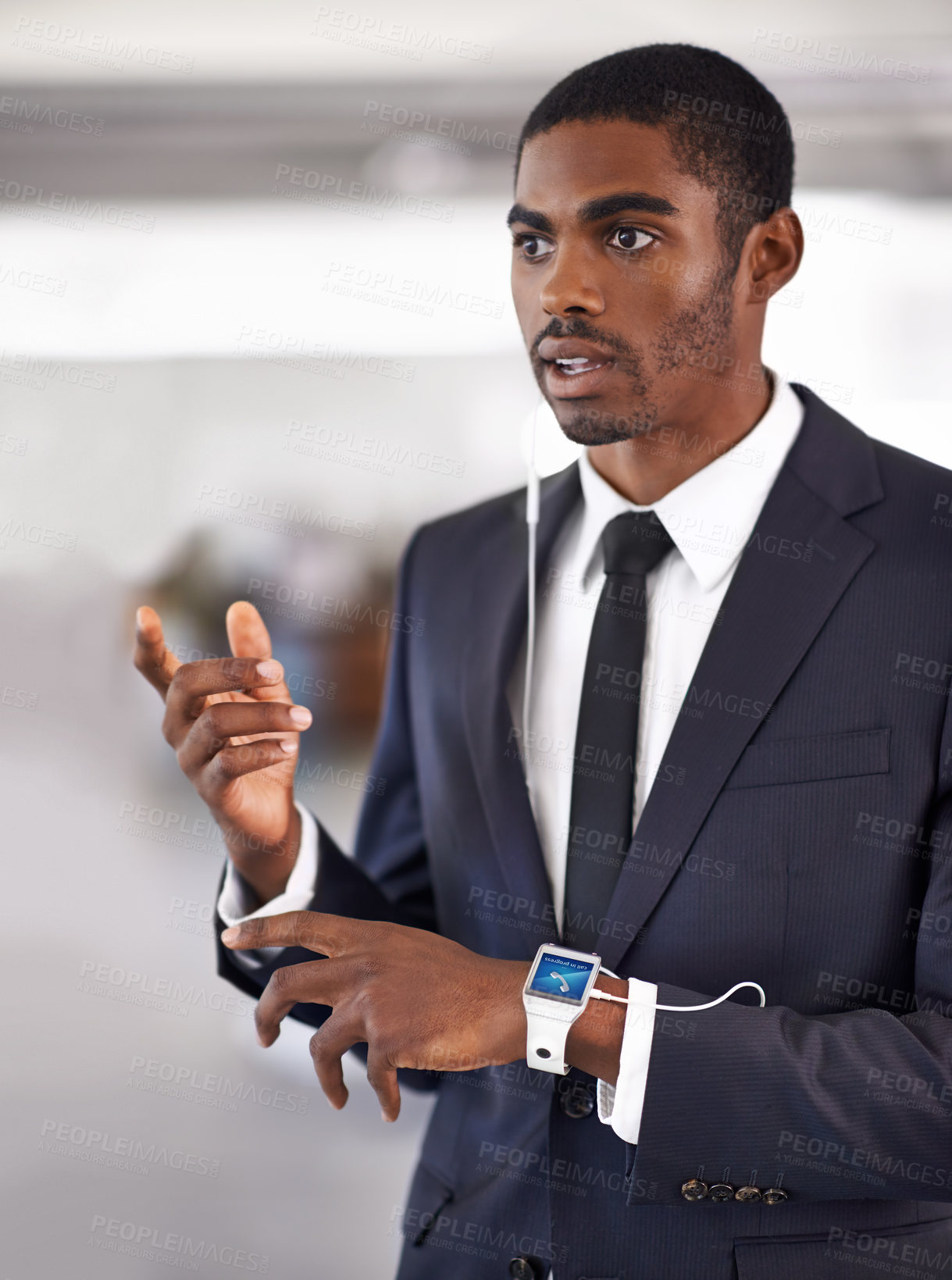 Buy stock photo Phone call, earphones or businessman with smart watch for technology, time or device for schedule. Talking, thinking or black man networking on gadget for travel with app, podcast or notification