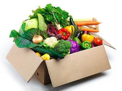 Buy stock photo Studio, groceries and vegetables in box with organic food, ingredients and produce on white background. Nutrition, harvest and container with products for vegan lifestyle, sustainability and wellness