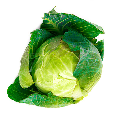 Buy stock photo Studio, leaf and green cabbage vegetable for health, nutrition and freshness for eating or food. Fresh produce, consumables and organic meal for wellbeing, vitamins and antioxidants with protein