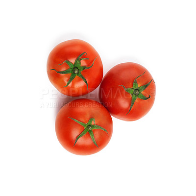 Buy stock photo Tomatoes, closeup and studio for health, wellness or organic diet on countertop. Fruit, nutrition or produce for eating, gourmet and meal or cuisine with vitamins with high angle on white background