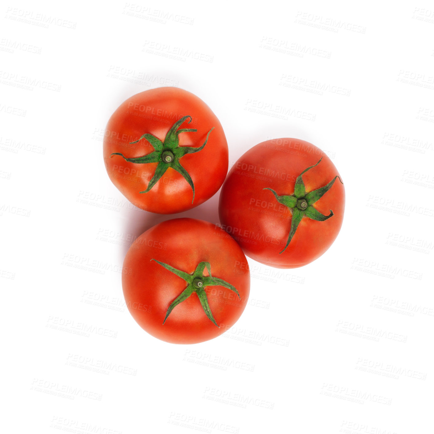 Buy stock photo Tomatoes, closeup and studio for health, wellness or organic diet on countertop. Fruit, nutrition or produce for eating, gourmet and meal or cuisine with vitamins with high angle on white background