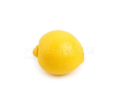 Buy stock photo Lemon, closeup and studio for health, wellness or organic diet on countertop. Fruit, nutrition or produce for eating, gourmet and meal or cuisine with vitamins for weight loss on white background