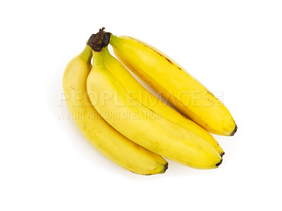 Buy stock photo Bananas, closeup and studio for health, wellness or organic diet on countertop. Fruit, nutrition or produce for eating, healthy and meal or cuisine with vitamins for weight loss on white background