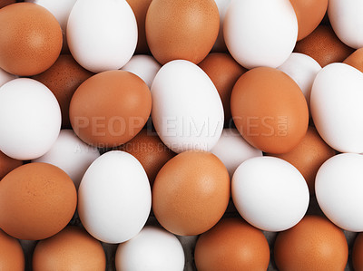 Buy stock photo Food, easter and eggs with brown or white color for ingredients, breakfast or healthy protein. Natural, nutrition or diet of chicken produce, organic meal or snack above with full batch or collection