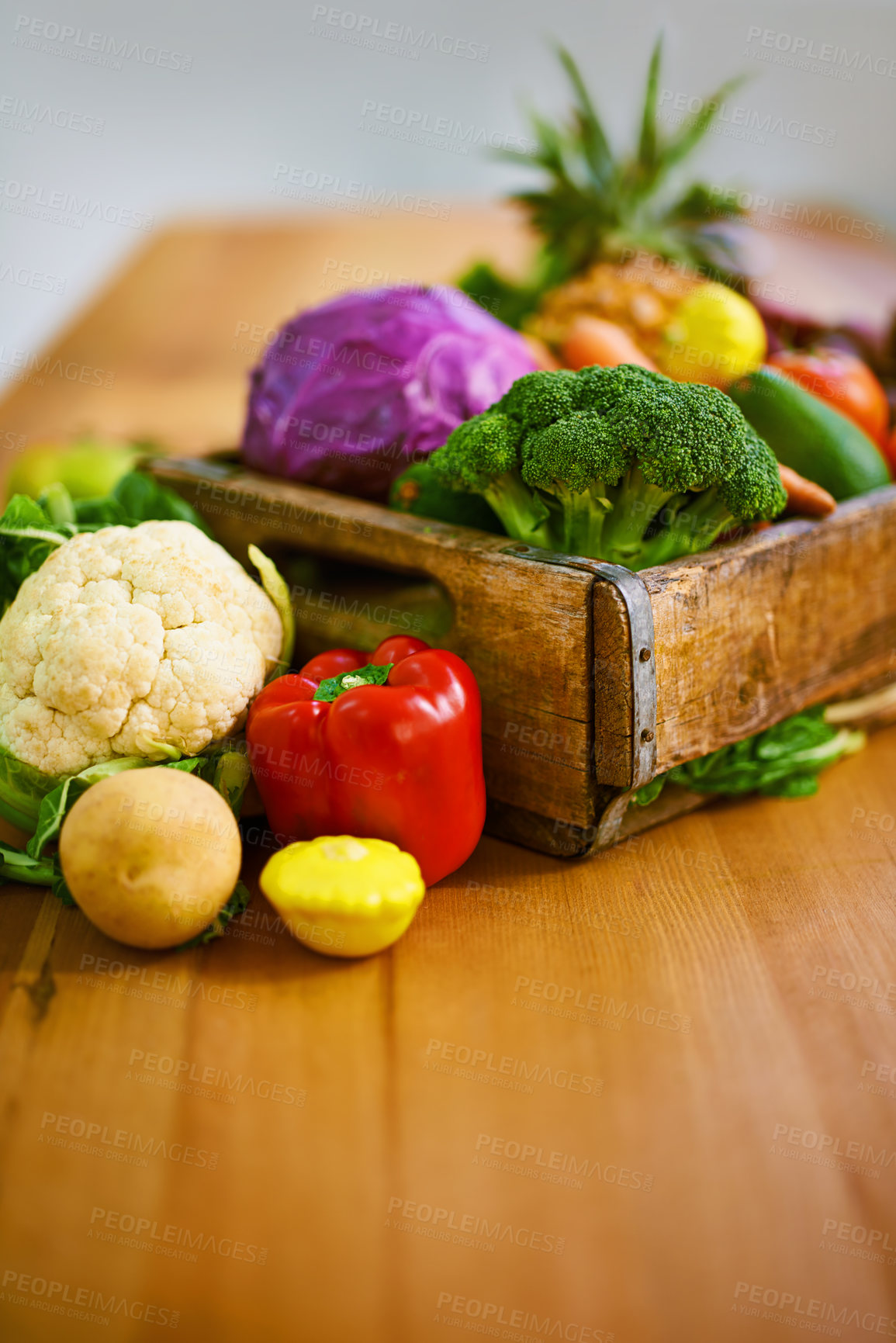 Buy stock photo Table, crate and fresh or organic vegetables for nutrition or wellbeing, ripe and raw ingredients for sustainability or eating. Agriculture, produce and healthy diet for vegan, wellness and protein.