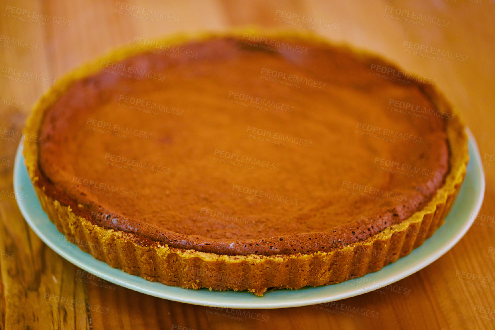 Buy stock photo Dessert, pastry and pumpkin pie on table for thanksgiving, celebration and festive holiday. Tradition, event and gathering for eating fresh food for tasty, delicious bakery and handmade by baker