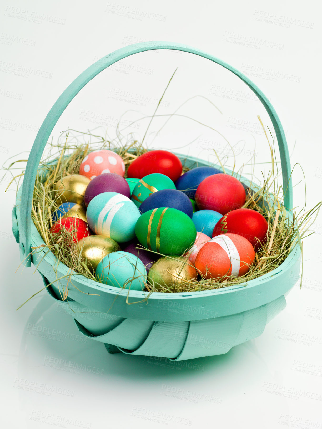 Buy stock photo Easter, basket and eggs for chocolate holiday with dessert snacks for traditional present, festive season or white background. Decoration, mockup space and studio with shell pattern, nest or giving