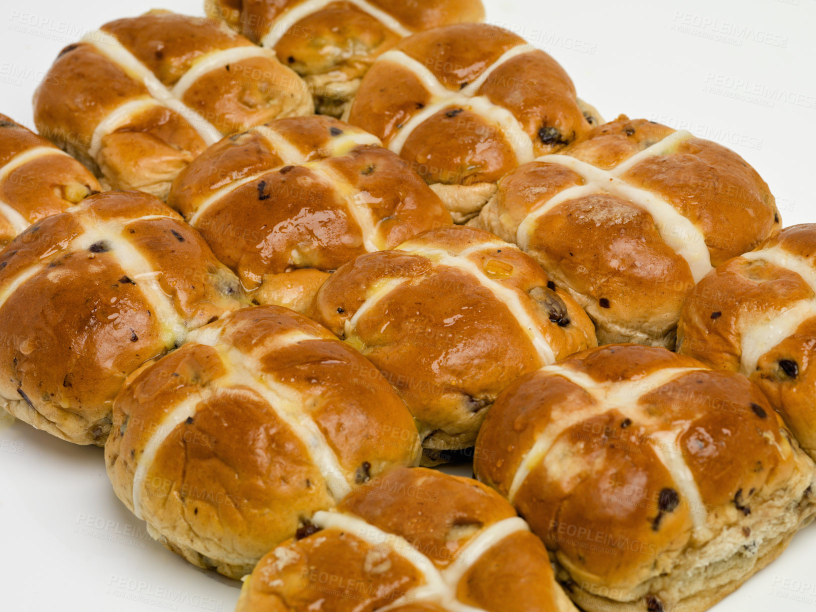 Buy stock photo Hot cross, buns and easter for holiday food or vacation brunch as celebration baked goods, traditional or religion. Snack, meal and festive season fiber or nutrition dessert as treat, recipe or event