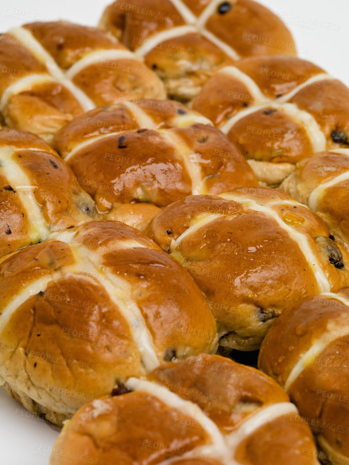 Buy stock photo Hot cross, buns and easter for traditional holiday food for vacation brunch as celebration baked goods, treat or religion. Snack, meal and festive season fiber or nutrition dessert, recipe or event