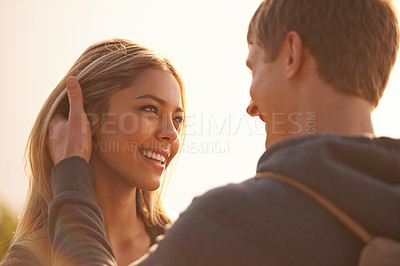 Buy stock photo Couple, touch and looking outdoors on travel, love and together on vacation or holiday. Happy people, nature date and smile on weekend adventure, bonding and romance in relationship or marriage