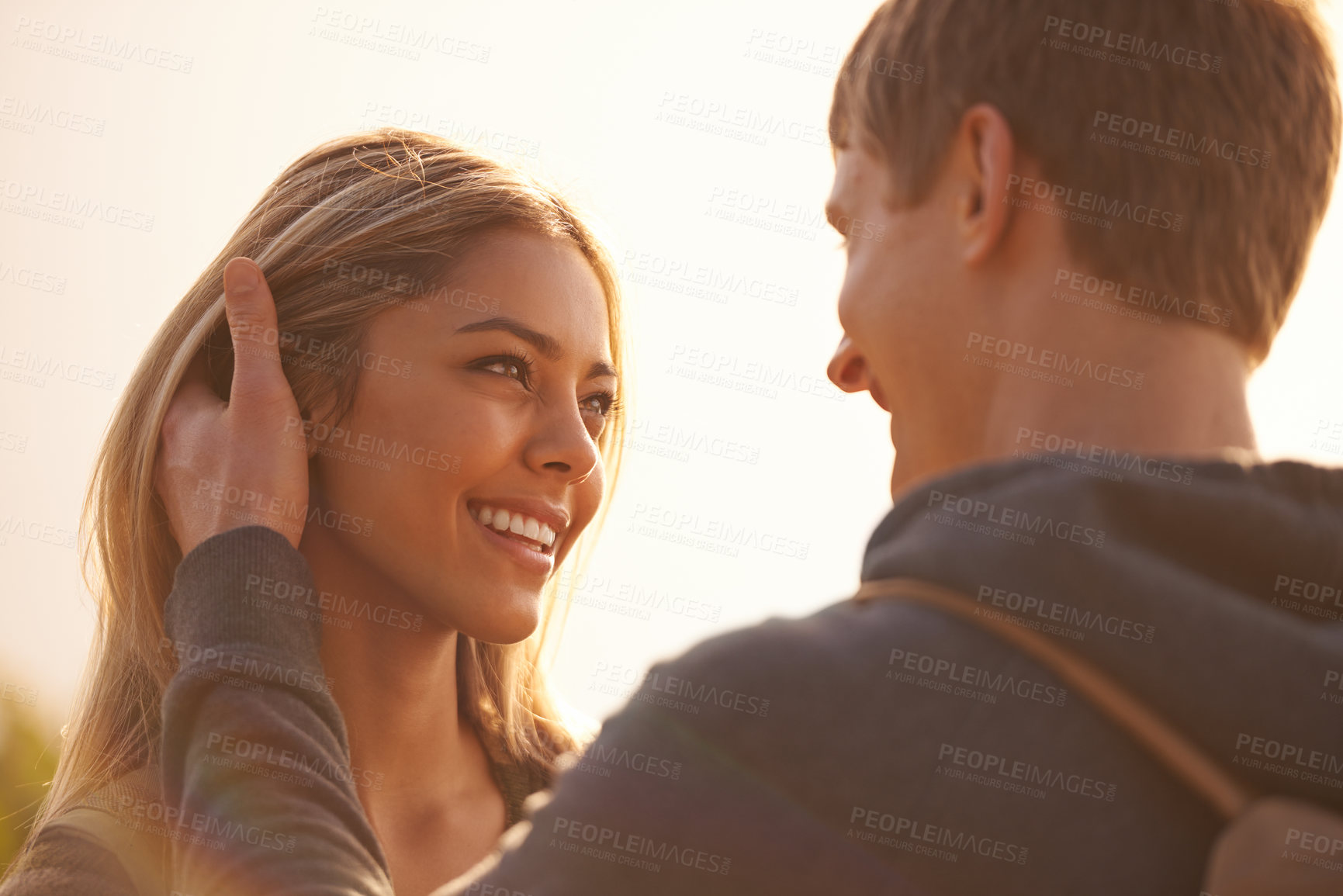 Buy stock photo Couple, touch and looking outdoors on travel, love and together on vacation or holiday. Happy people, nature date and smile on weekend adventure, bonding and romance in relationship or marriage
