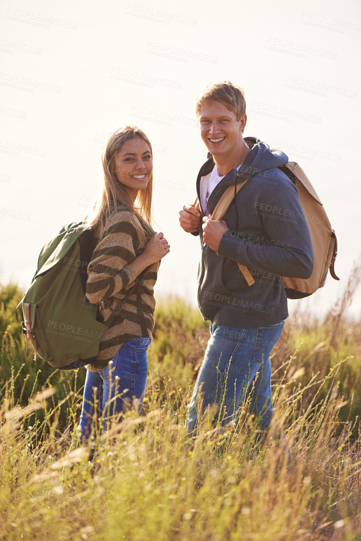 Buy stock photo Portrait, hike and nature with couple, love and bonding together with weekend break and sunshine. Date, wellness and outdoor with man or woman with hobby or summer with vacation or holiday with smile