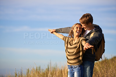 Buy stock photo Couple, nature and love with sunshine, smile and outdoor with romance and honeymoon celebration. Happiness, hiking and man with woman, blue sky and marriage with relationship, fresh air and spring