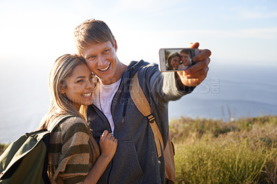 Buy stock photo Selfie, vacation and couple in nature, happy and bonding for holiday, adventure and trip to Amsterdam. Outdoor, man and woman together for love in field for anniversary of girl and male person