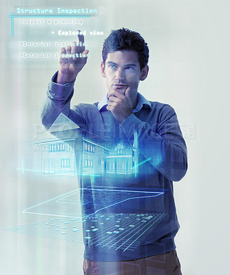 Buy stock photo Man thinking, house hologram and architect inspection of real estate innovation, building foundation or 3d design idea. Future software, ui system and user review architecture engineering of property