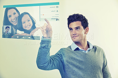Buy stock photo Future, man or hologram for chat, connection or digital discussion with social media, text or interface. Futuristic, male and family on video call, holographic and isolated on white studio background