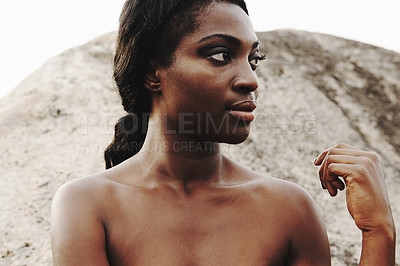 Buy stock photo Woman, thinking or idea of skincare, dermatology or vision of wellness, health or cosmetology glow. Black female person, inspired or memory of natural, organic or self care as flawless skin solution
