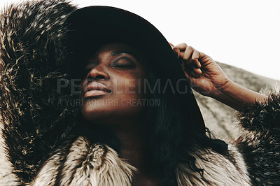 Buy stock photo African woman, fashion and closeup with nature, beauty and glamour for adventure. Person, clothes and holiday for vacation, proud and glow for relax and travel in summer for elegance and style
